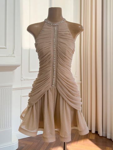Champagne Ruched Sparkling Crystal Halter Party Dress Sassymyprom Champagne Ruched Sparkling Crystal Halter Party Dress Sassymyprom