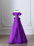 Purple Satin A-Line Off The Shoulder Prom Dress