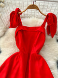 Elegant Square Necked Red Dress with Bow