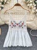 Floral Embroidery Eye-let Hem White Sleeveless Top