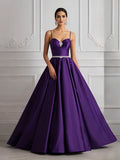 Spaghetti Straps A Line Beading Purple Satin Prom Dress