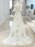 Floral  Off Shoulder Ivory Tulle Applique Prom Dress
