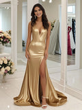 Trumpet Mermaid Gold V neck Satin Prom Dress With Slit