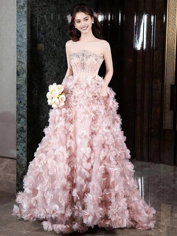 Strapless A Line Beading Pink Tulle Flower Prom Dress