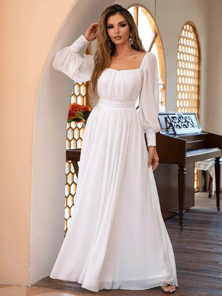 Square Neckline Long Sleeve White Chiffon Maxi Party Dress M