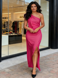 Fuchsia One Shoulder Bow Long Maxi Party Dress