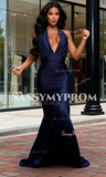 Navy Blue Halter Elastic Satin Trumpet Mermaid Prom Dress
