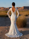 Trumpet Mermaid Scoop Long Sleeve White Lace Wedding Dress