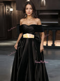 Belt Off The Shoulder Black Appliques Satin A Line Prom Dress