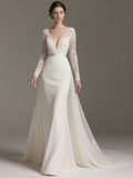 Lace Long Sleeve A Line V Neck Tulle Wedding Dress With Detachable Train