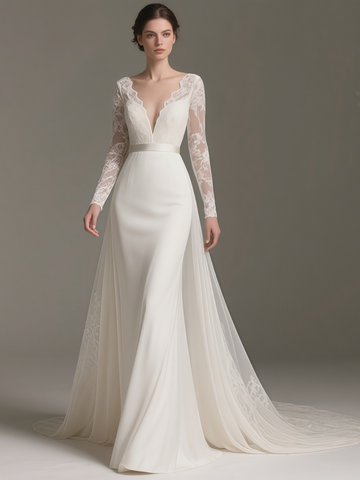 Lace Long Sleeve A Line V Neck Tulle Wedding Dress With Detachable Train