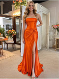 Draped Strapless Orange Satin Prom Dress With Slit