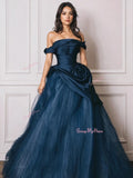 Tulle Off The Shoulder Satin Blue Ruched Prom Dress