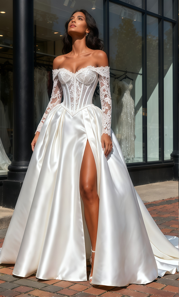 Lace Long Sleeves Corset Off The Shoulder Wedding Dress – Sassymyprom