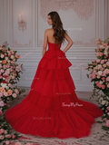 Tulle A Line Layer Pleats Red Strapless Prom Dress