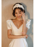 Short Sleeves A Line Wedding Dress With Slit