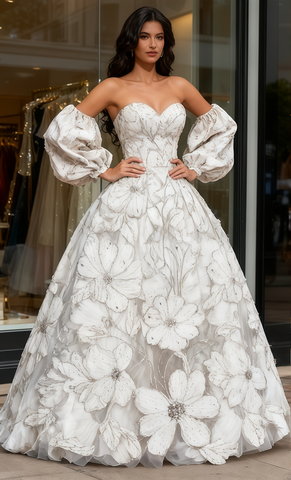 Sweetheart Detachable Train Long Sleeve Flower Prom Dress