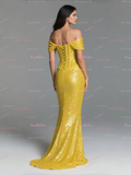 Sequin Corset Trumpet Mermaid Yellow Off The Shoulder Prom Dress With Slit