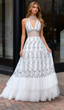 Ruffles Crystal Beading Halter A Line White Prom Dress