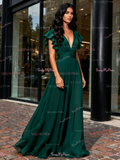 V Neck Green Chiffon Ruffles A Line Bridesmaid Dress