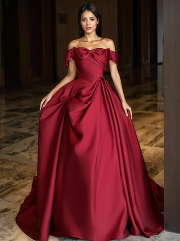 Off The Shoulder Bow Satin Burgundy Prom Dress