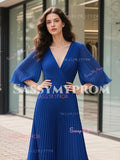 V Neck Half Sleeves Royal Blue Chiffon A Line Prom Dress