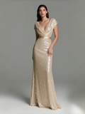 Off The Shoulder Sequin Champagne Trumpet Mermaid Prom Dress