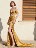 Off The Satin Cut Out Trumpet Mermaid Gold Prom Dress