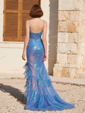 Spaghetti Straps Sparkle Tulle Ruffles Blue Prom Dress