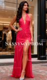Trumpet Mermaid Spandex Halter Hot Pink Prom Dress With Slit