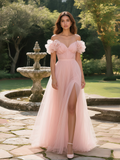 Off The Shoulder Flower Pleats Pink Prom Dress With Slit
