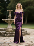 Off The Shoulder Grape Satin Trumpet Mermaid Prom Dress