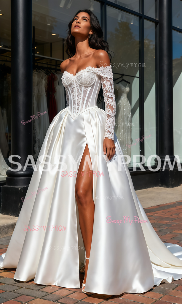 Lace Long Sleeves Corset Off The Shoulder Wedding Dress – Sassymyprom