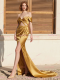 Off The Satin Cut Out Trumpet Mermaid Gold Prom Dress