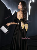 Belt Off The Shoulder Black Appliques Satin A Line Prom Dress