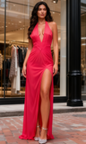 Trumpet Mermaid Spandex Halter Hot Pink Prom Dress With Slit