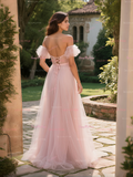 Off The Shoulder Flower Pleats Pink Prom Dress With Slit