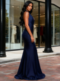 Navy Blue Halter Elastic Satin Trumpet Mermaid Prom Dress