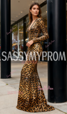 Sequin Trumpet Mermaid Long Sleeve Leapord  Prom Dress With Slit