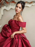 Off The Shoulder Bow Satin Burgundy Prom Dress