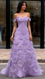 Purple Flower Beading Tulle Off The Shoulder Mermaid Prom Dress