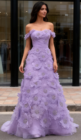 Purple Flower Beading Tulle Off The Shoulder Mermaid Prom Dress