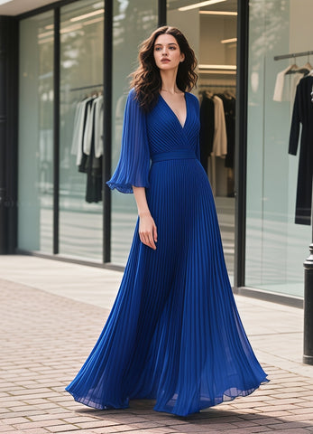 V Neck Half Sleeves Royal Blue Chiffon A Line Prom Dress
