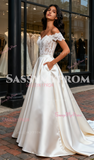 Lace & Satin A Line Satin Off The Shoulder Wedding Dress With Pockets
