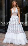 Ruffles Crystal Beading Halter A Line White Prom Dress