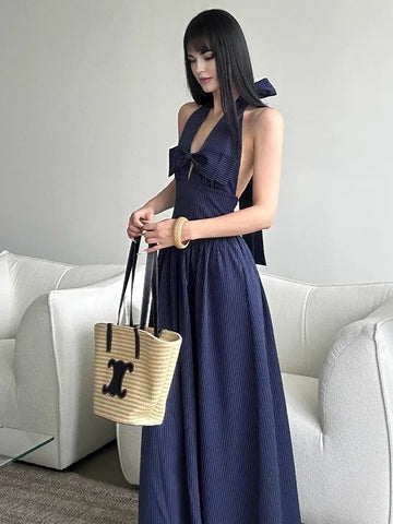 White Striped Halter Neck Maxi Dress Sassymyprom White Striped Halter Neck Maxi Dress Sassymyprom