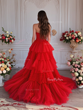 Tulle A Line Layer Pleats Red Strapless Prom Dress