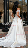 Lace & Satin A Line Satin Off The Shoulder Wedding Dress With Pockets