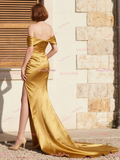 Off The Satin Cut Out Trumpet Mermaid Gold Prom Dress