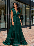 V Neck Green Chiffon Ruffles A Line Bridesmaid Dress